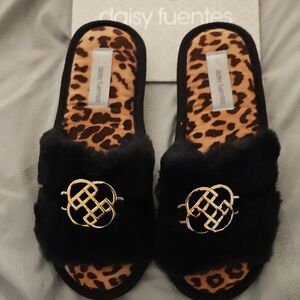Daisy Fuentes Black Furry Slippers with Gold Accent